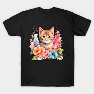 A cat decorated with beautiful watercolor flowers T-Shirt